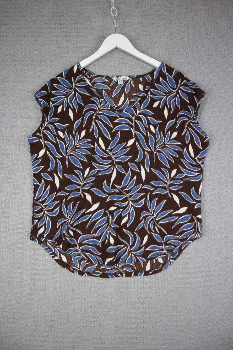Jules & Leopold brown and blue botanical leaf-print cap-sleeve top XL